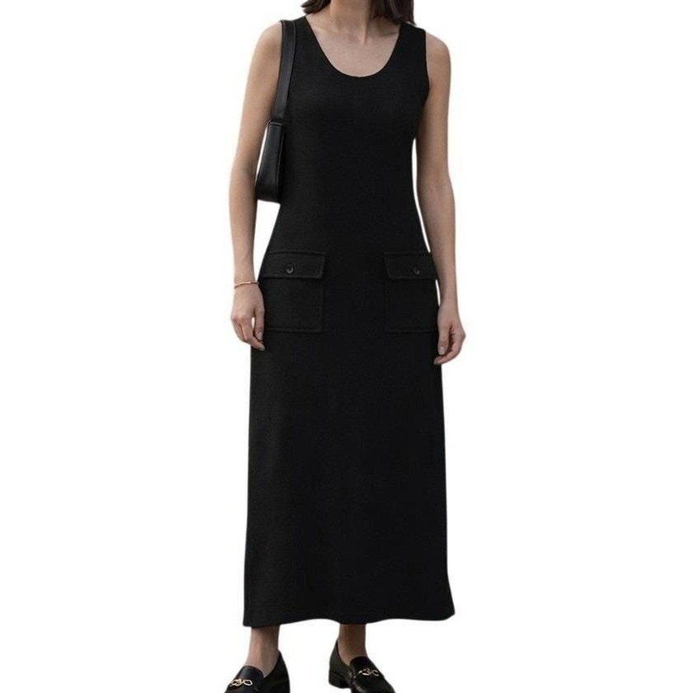 Claudia D Black Sleeveless Knit Midi Dress 90s Minimalist Button Back S